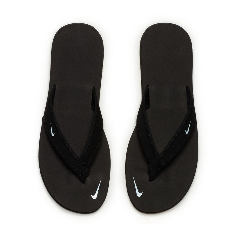 Women's black thong sandals with V-shaped strap and swoosh logos