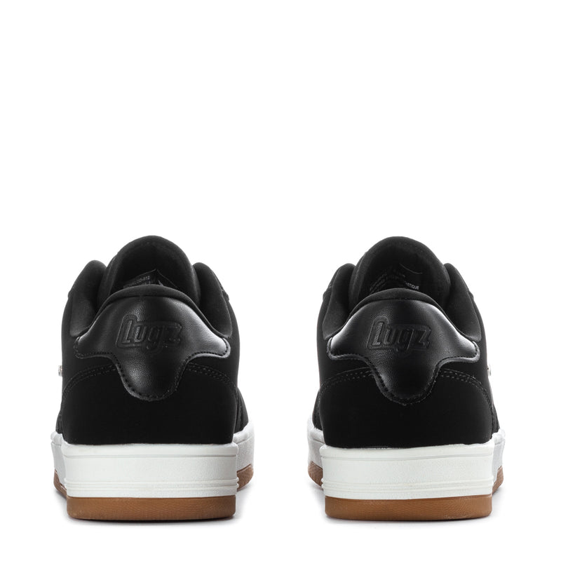 Men's black low-top sneakers, rear view, heel logo and white sole with gum base