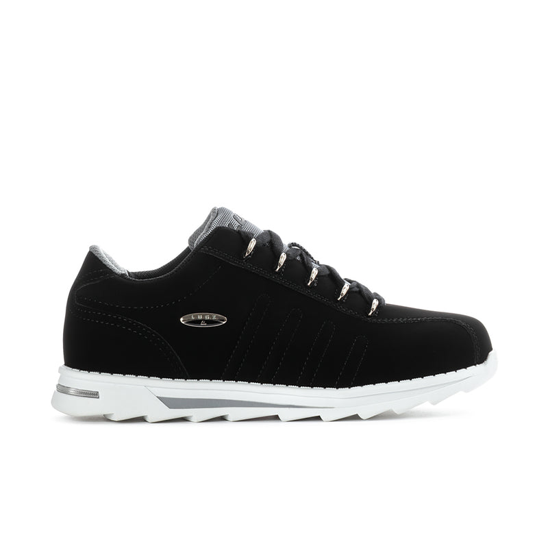 Black low-top lace-up sneakers with white sole and cushioned collar
