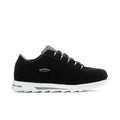 Black low-top lace-up sneakers with white sole and cushioned collar