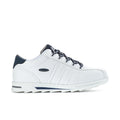 Men's white low-top sneakers with navy heel and lace trim