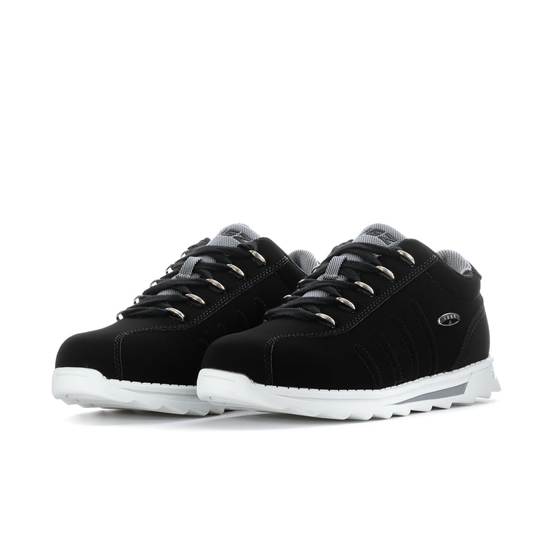 Black lace-up sneakers pair with white midsole and textured outsoles