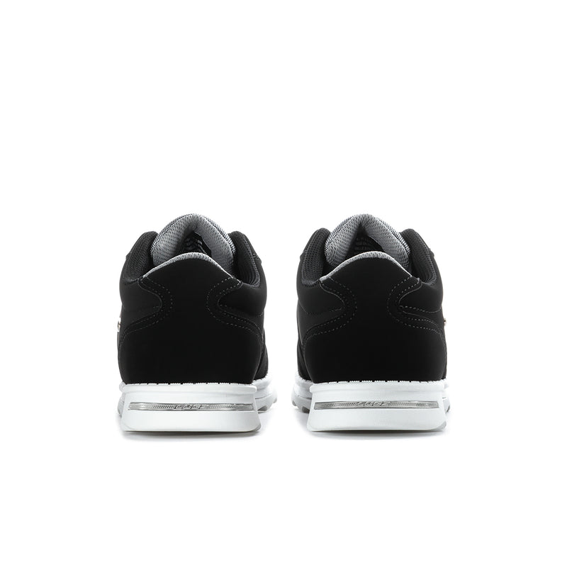 Black sneakers rear view with white heel accent and cushioned collar