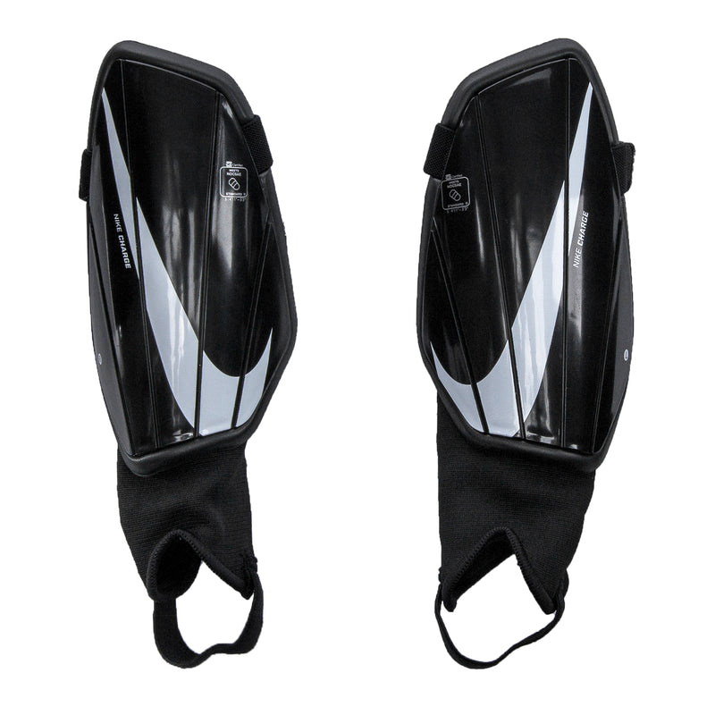 Charge ankle shin guards, black with white diagonal panels and elastic foot straps