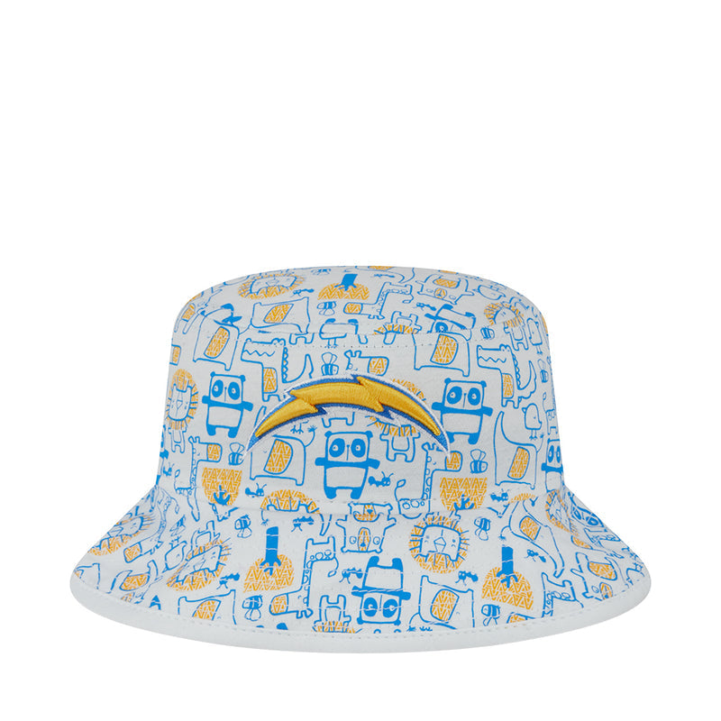Kids bucket hat with blue and orange zoo robot pattern on light base