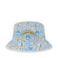 Kids bucket hat with blue and orange zoo robot pattern on light base