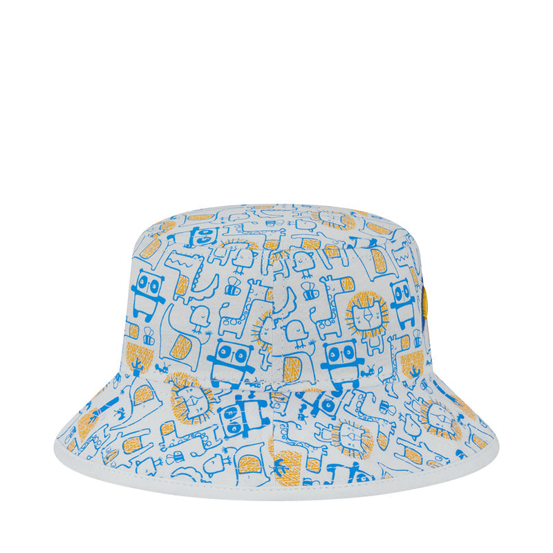 Kids bucket hat with all-over blue zoo character pattern on light base