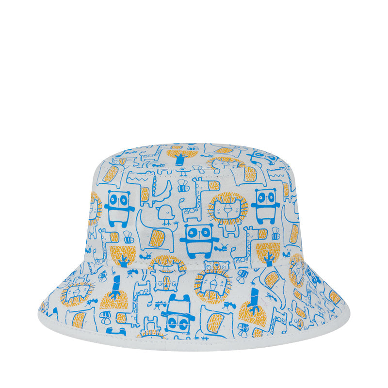 Kids bucket hat with side view of blue and orange zoo character print