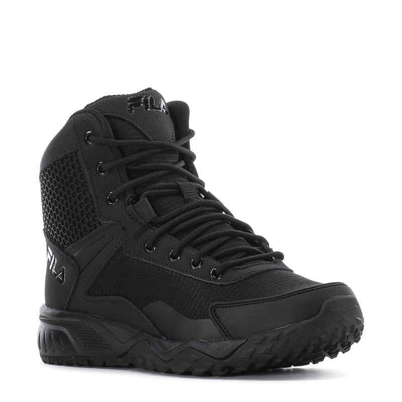 FILA black high-top lace-up sneaker, side view with padded collar and thick sole