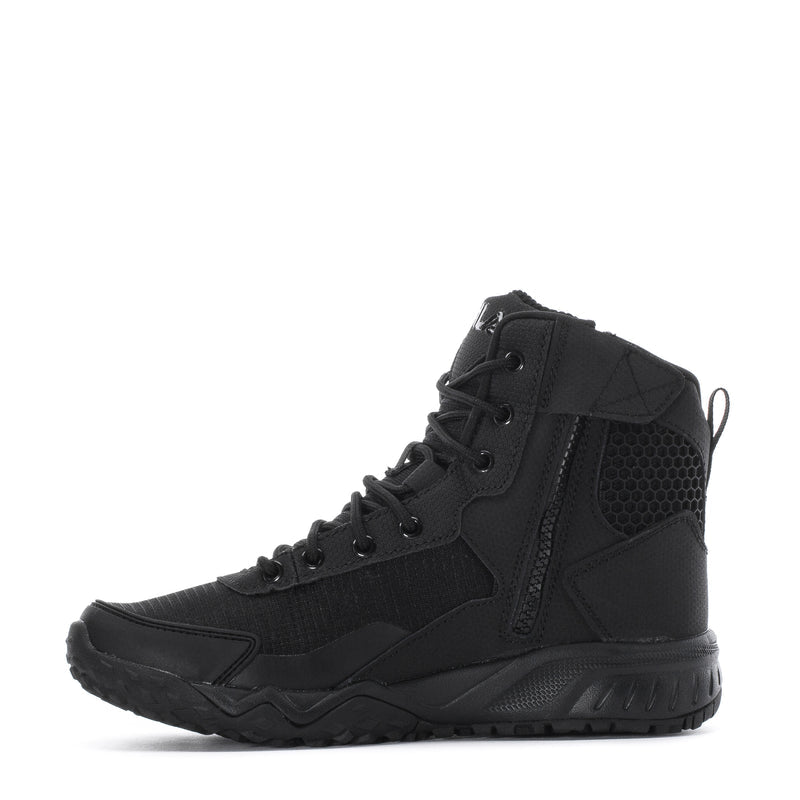 FILA black high-top sneaker, front-to-side angle with lace-up closure and side logo