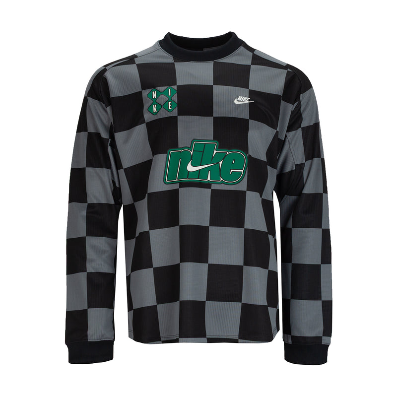 Mens checkered goalie top, long-sleeve black and gray with Nike logos and green crest