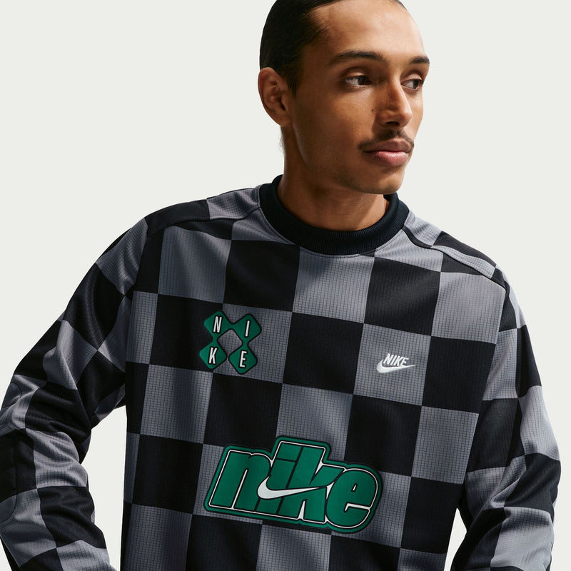 Mens checkered goalie top in black and gray, crew neck with Nike chest logo and crest