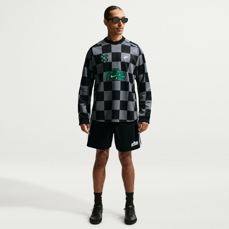 Mens checkered goalie top, black and gray checker pattern, long sleeves with Nike branding