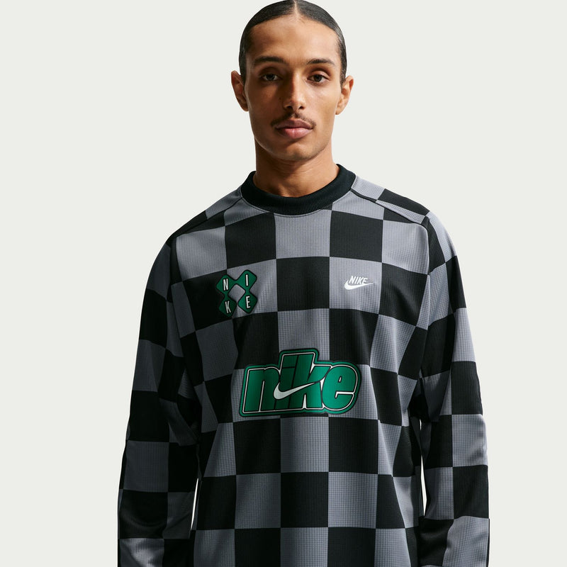 Mens checkered goalie top with black and gray square pattern, Nike logo at chest