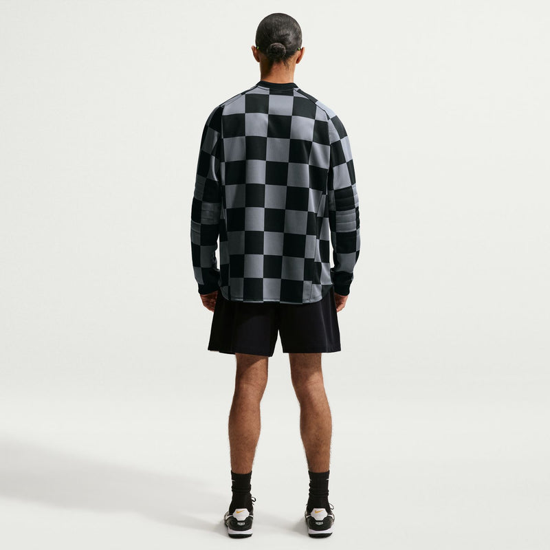 Mens checkered goalie top, back view with black and gray checker pattern and long sleeves