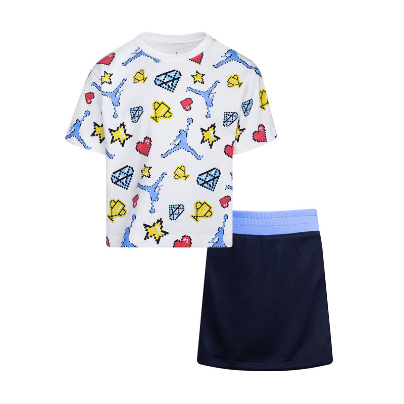 Kids skort set: white graphic T-shirt with multicolor pixel icons, navy skort