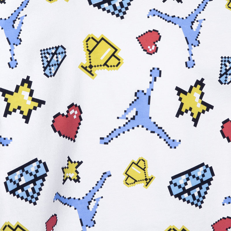 White kids T-shirt with multicolor pixel icons pattern