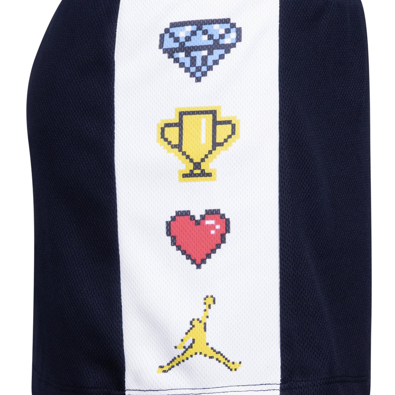 Navy-and-white kids skort panel with pixel heart, trophy and diamond designs