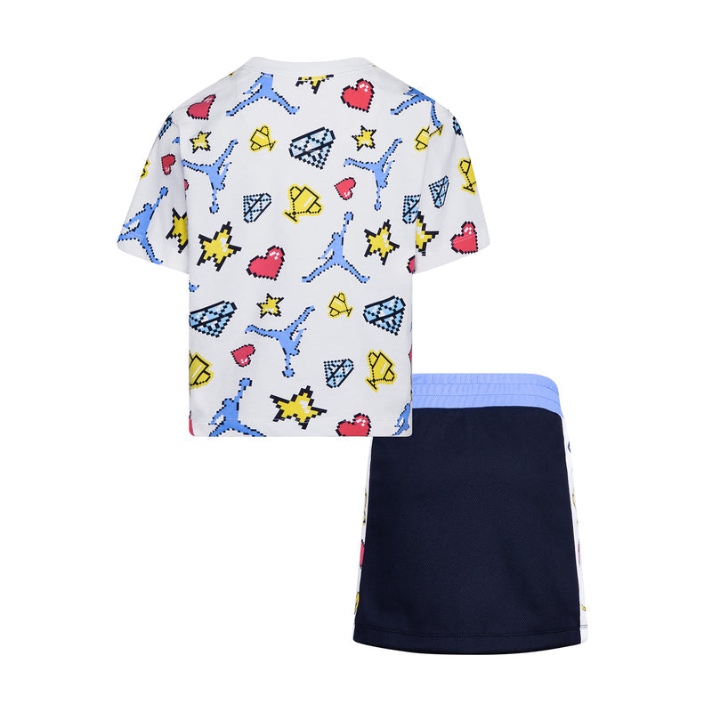 Kids skort set with pixel icon T-shirt and navy skort, coordinated two-piece outfit