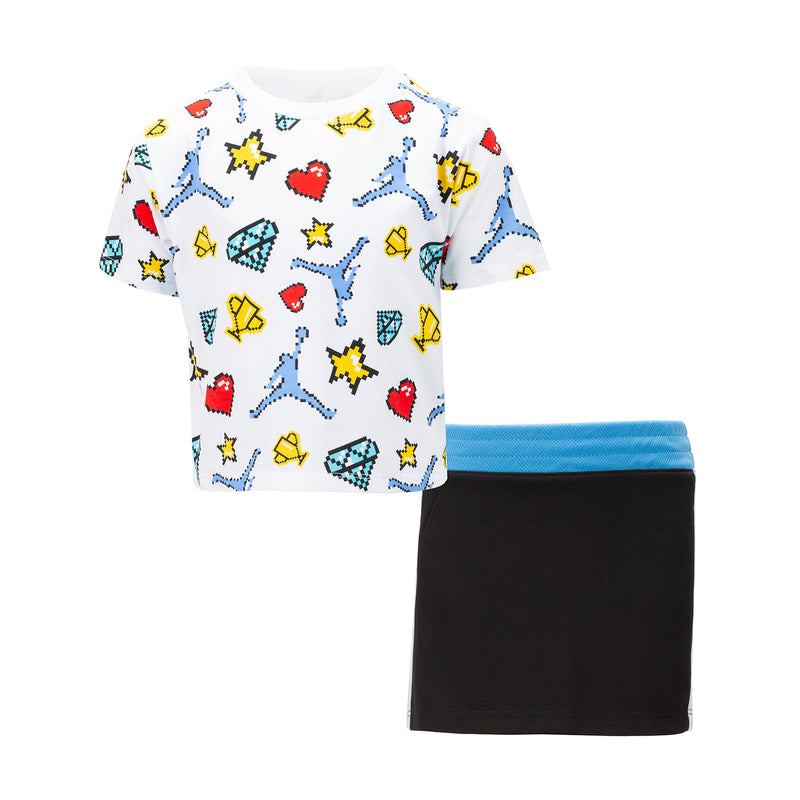 Toddler skort set with pixel heart print T-shirt and black skort with blue waistband