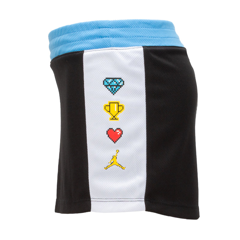 Toddler skort set black skort with blue waistband and vertical white panel of icons