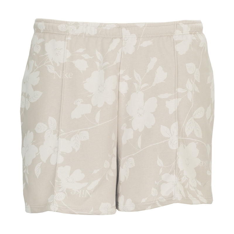Women’s floral print athletic shorts with elastic waistband, light beige-tan