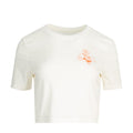 Women's sail knit lace tee with round neck, short sleeves, embroidered flower graphic