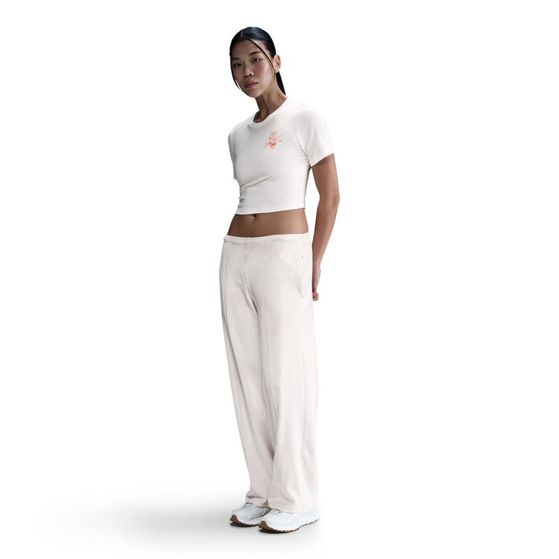 Women's sail knit lace crop tee with round neck, short sleeves; fitted silhouette