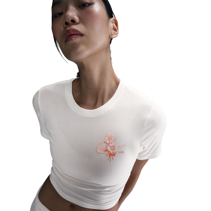 Women's sail knit lace crop tee with round neck, short sleeves, small floral embroidery