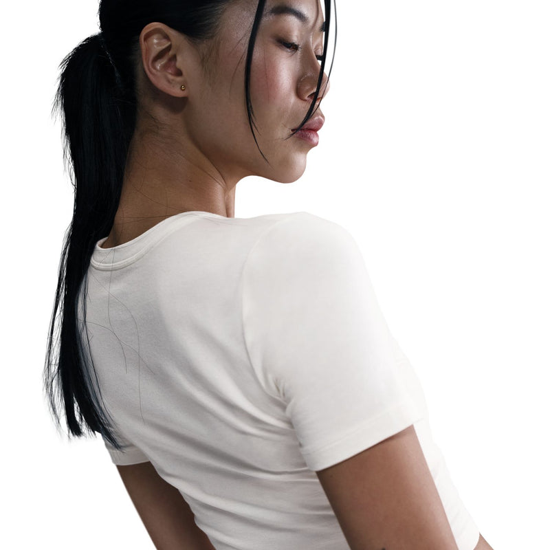 Women's sail knit lace tee with round neck and short sleeves, solid back view