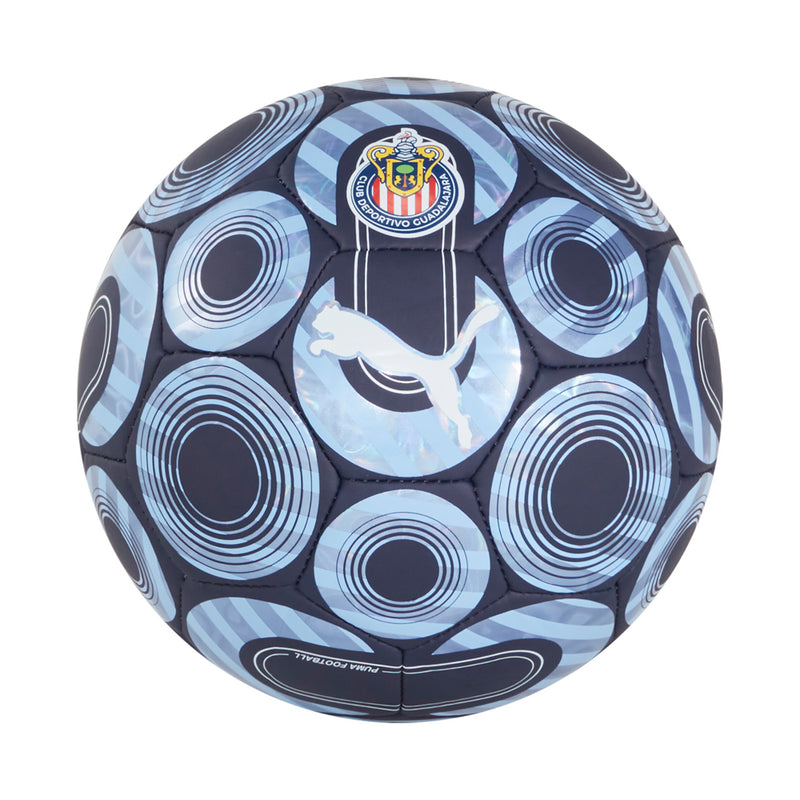 Mini soccer ball with light blue and dark panels, circular ring pattern, Chivas crest