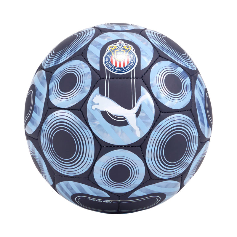 Mini soccer ball, blue circular rings and black panels, Chivas emblem at center