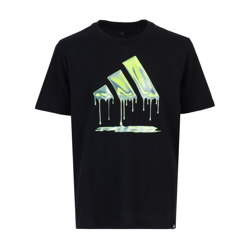 Youth black graphic T-shirt with neon green drip logo print on front