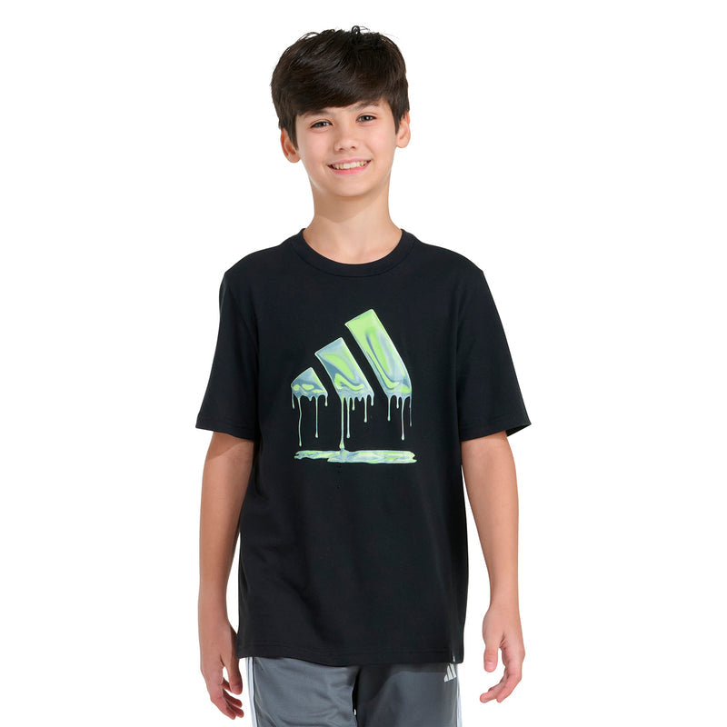 Youth black graphic T-shirt with neon green drip logo print, worn by child