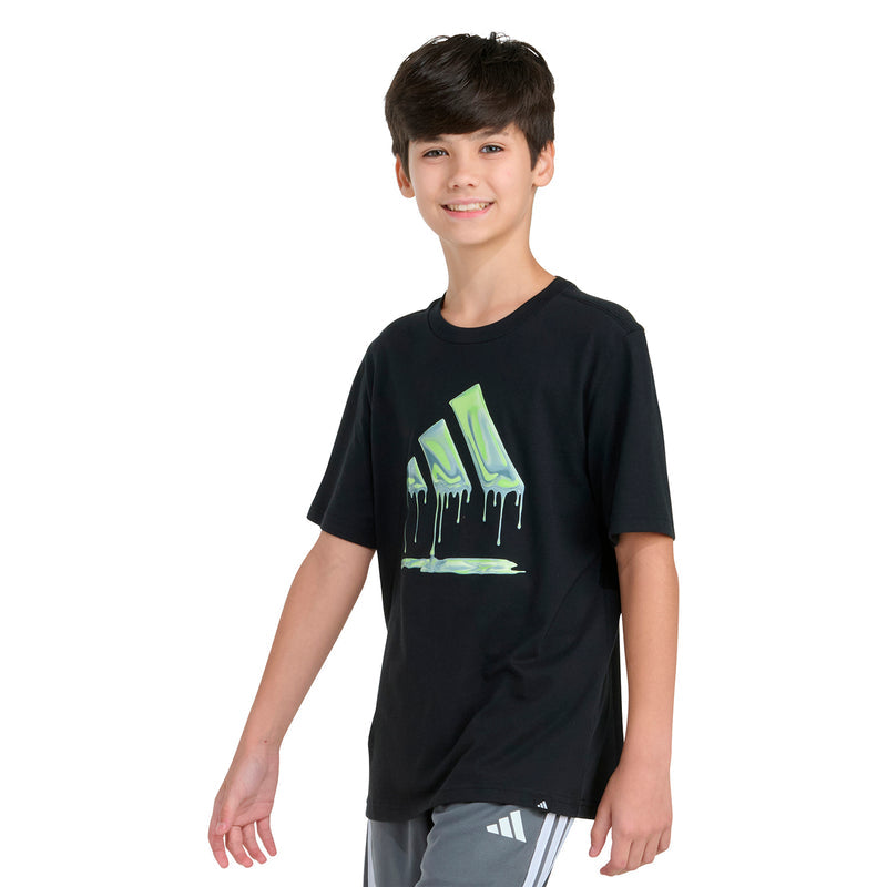 Youth black graphic T-shirt with neon green drip logo print and crew neck