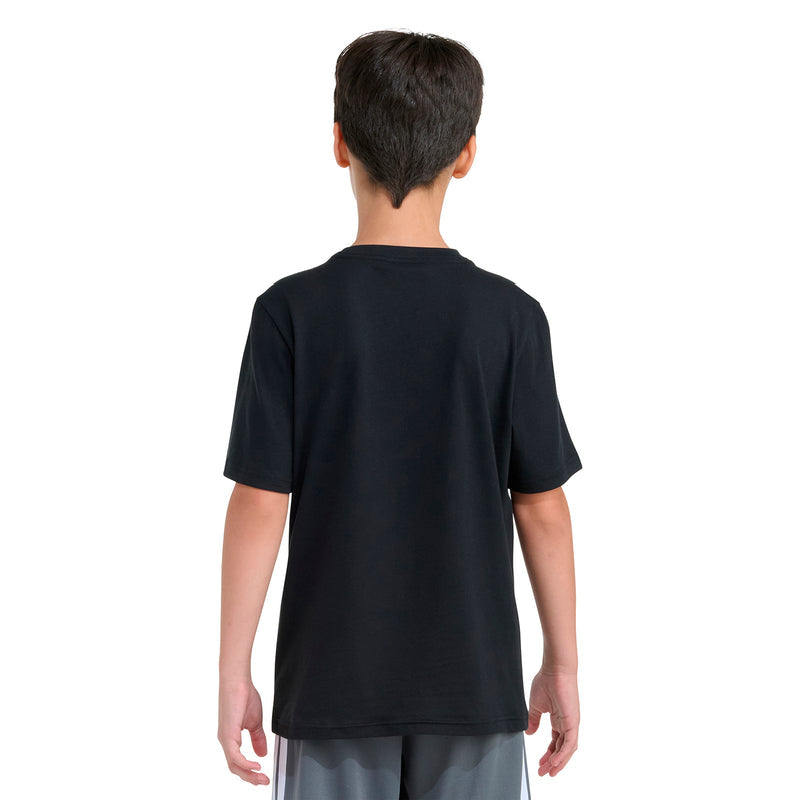 Youth black graphic T-shirt with plain back; neon green drip logo on front