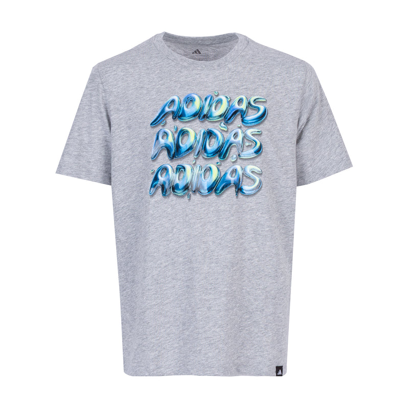 Youth heather grey crew-neck T-shirt with blue stack-style graphic, flat lay