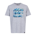 Youth heather grey crew-neck T-shirt with blue stack-style graphic, flat lay