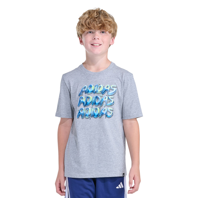 Youth heather grey crew-neck T-shirt with blue stack-style graphic