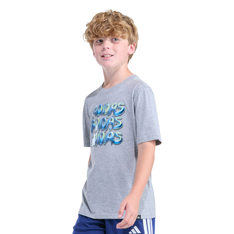 Youth heather grey crew-neck T-shirt with blue stack-style graphic, short sleeves
