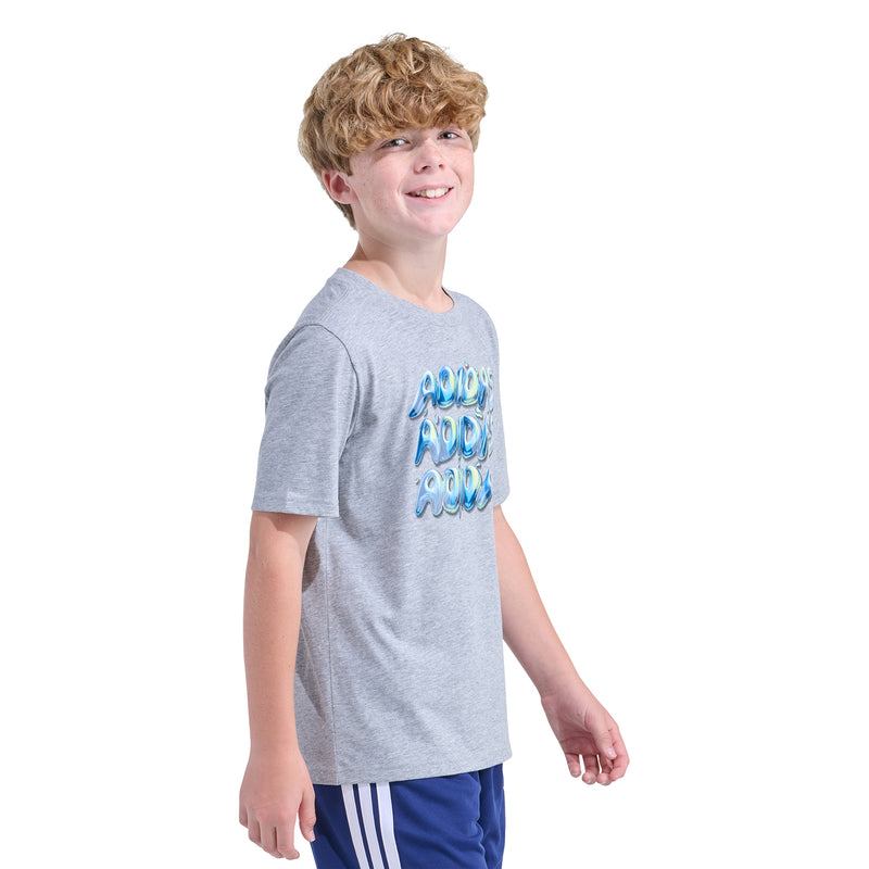 Youth heather grey crew-neck T-shirt with blue stack-style graphic, side view