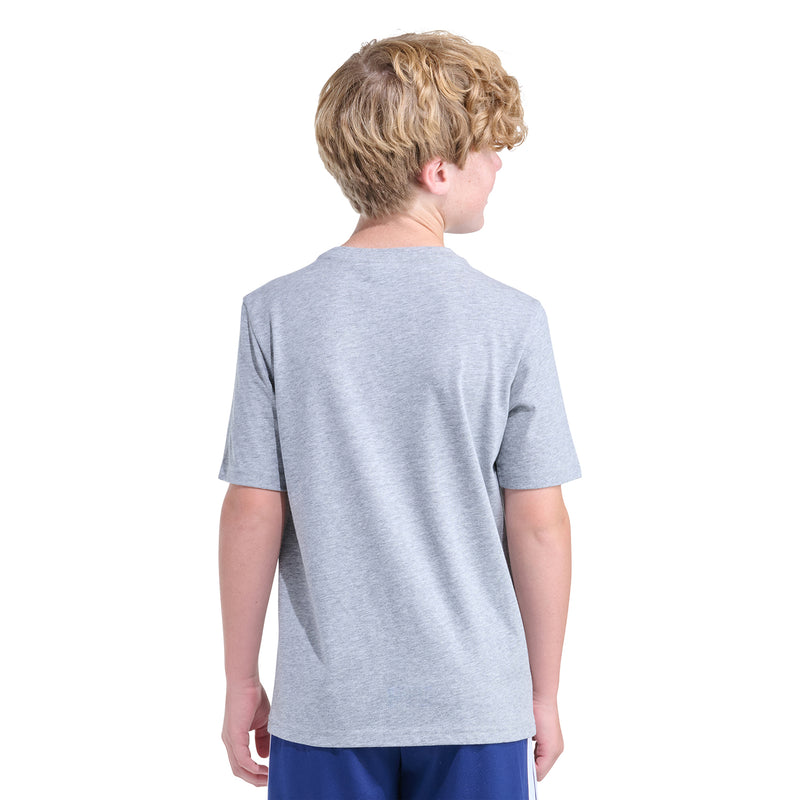 Youth heather grey crew-neck T-shirt, plain back, short sleeves
