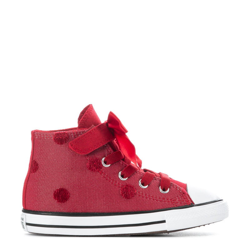 Toddler high-top sneakers, red canvas with bow strap and white rubber toe cap
