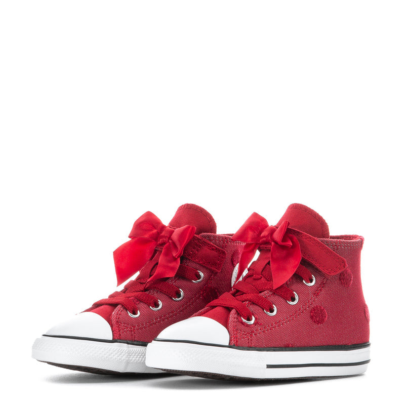 Toddler red high-top sneakers with oversized bow and white rubber sole