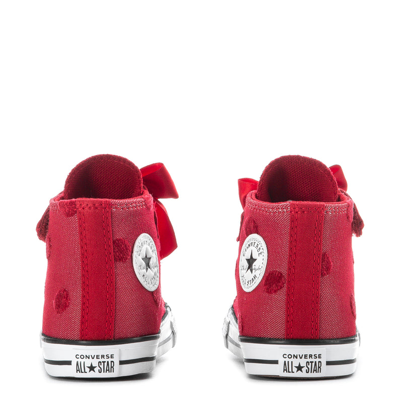 Toddler high-top sneakers with red canvas heel, Converse All Star patch, white sole