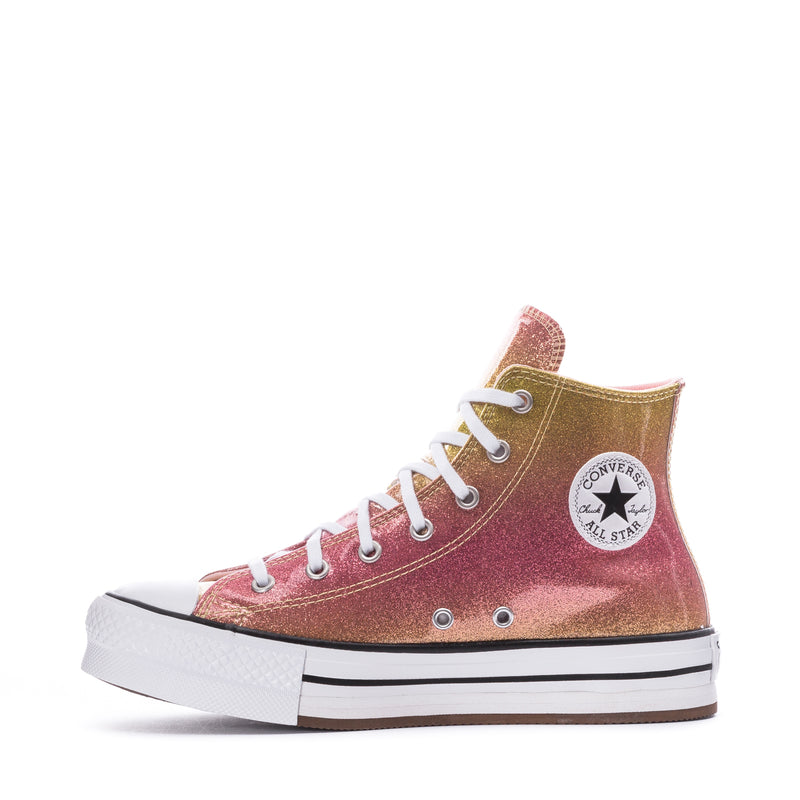 Youth high-top sneakers, maroon/gold glitter; Converse All Star patch; white laces