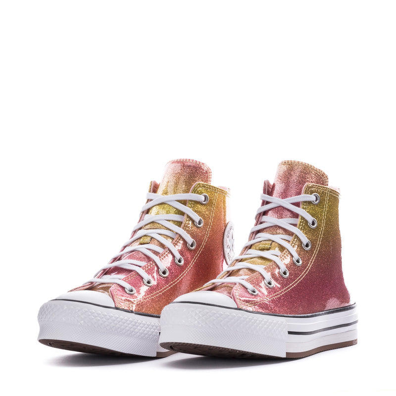 Youth high-top sneakers pair, maroon/gold glitter with white laces and platform sole