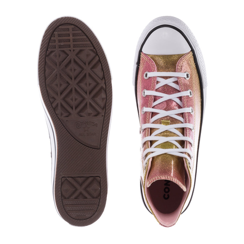 Youth high-top sneakers, outsole tread and maroon/gold glitter upper with white laces