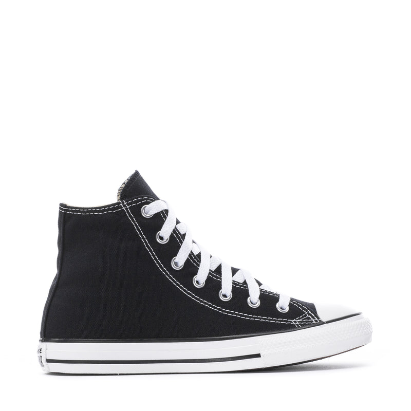 Kids' black high-top canvas sneakers with white laces and rubber toe cap