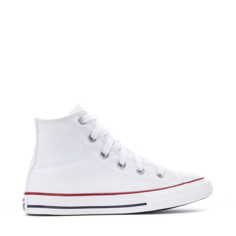 Kids' Optical White high-top sneakers with lace-up front and red/blue midsole stripe